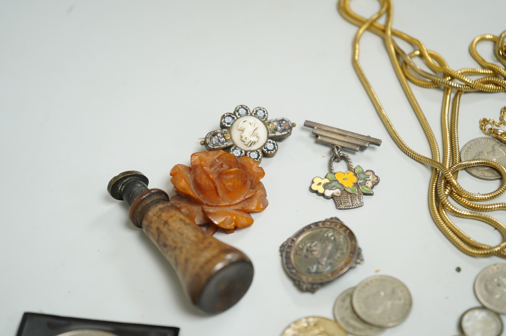 Assorted collectables including medals, aviator's glasses and costume jewellery and an antique seal